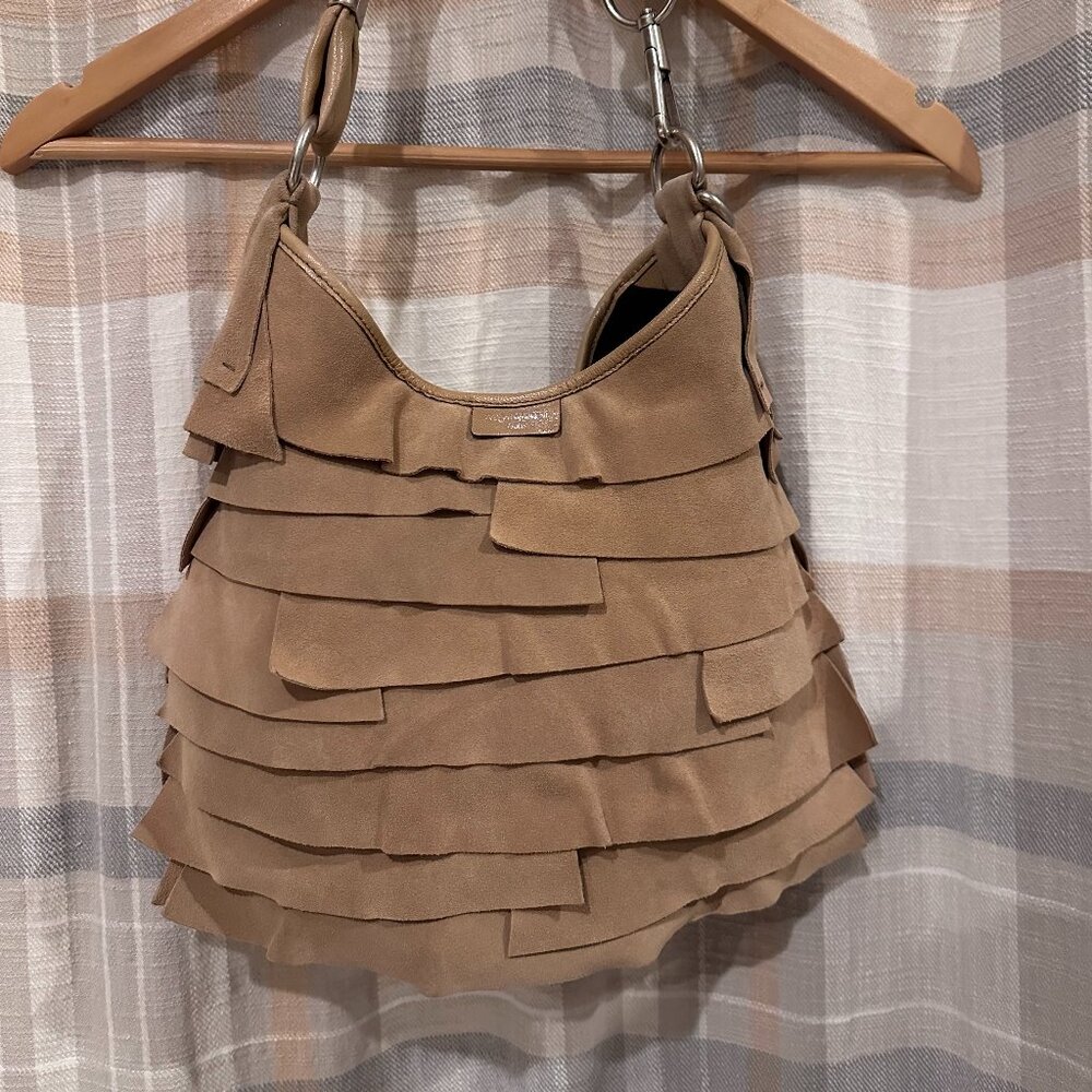 YVES ST LAURENT Neutrals St. Tropez Suede Ruffled Shoulder Hobo Bag NWOT